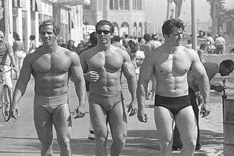 Ric Drasin, Gary Johnston, and Dave Shambeau. Muscle Beach 1971