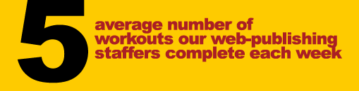 5 - Average number workouts our web-publishing staffers complete each week.