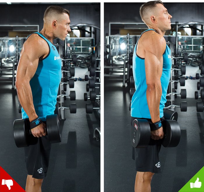 Dumbbell shrugs, right way and wrong way