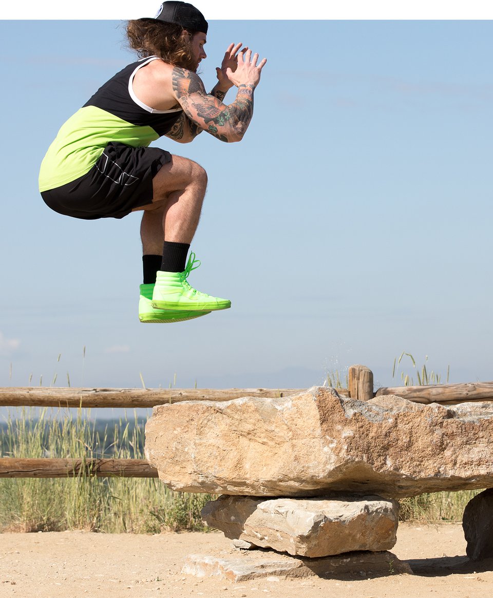 The lack of a plyo box is no deterrent to Kundla—he is just as comfortable bounding onto nearby boulders.