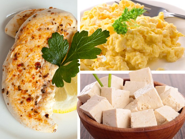 Protein sources: chicken, eggs, and tofu