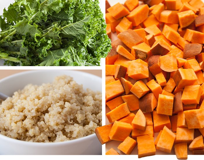 Carbohydrate sources: leafy greens, brown rice, and sweet potatoes