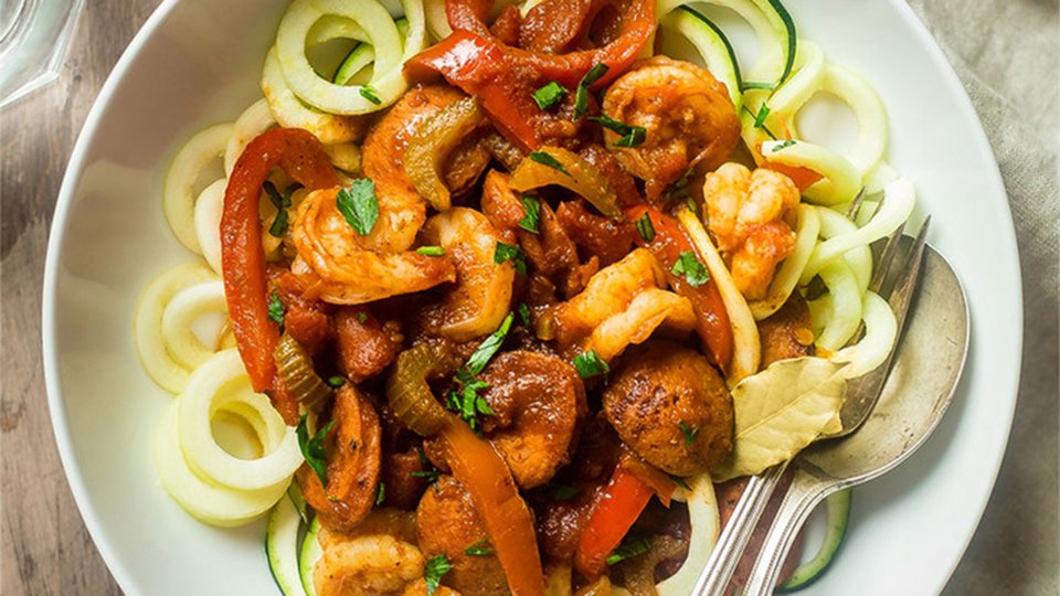 Cajun Zucchini Noodle Stew With Shrimp And Sausage