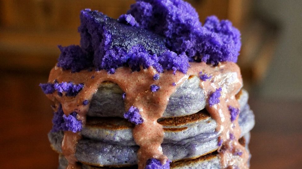 Ghoulish Dymatize Vanilla Cupcake With Ube Protein Pancakes