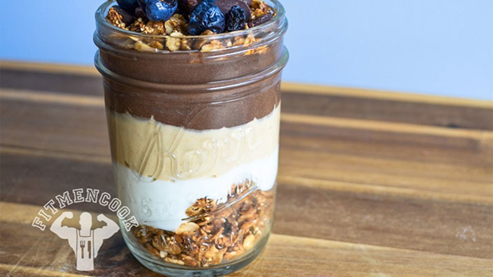 Red-Eye Chocolate And Peanut Butter Protein Parfait With Blueberries And Dark Chocolate Chips