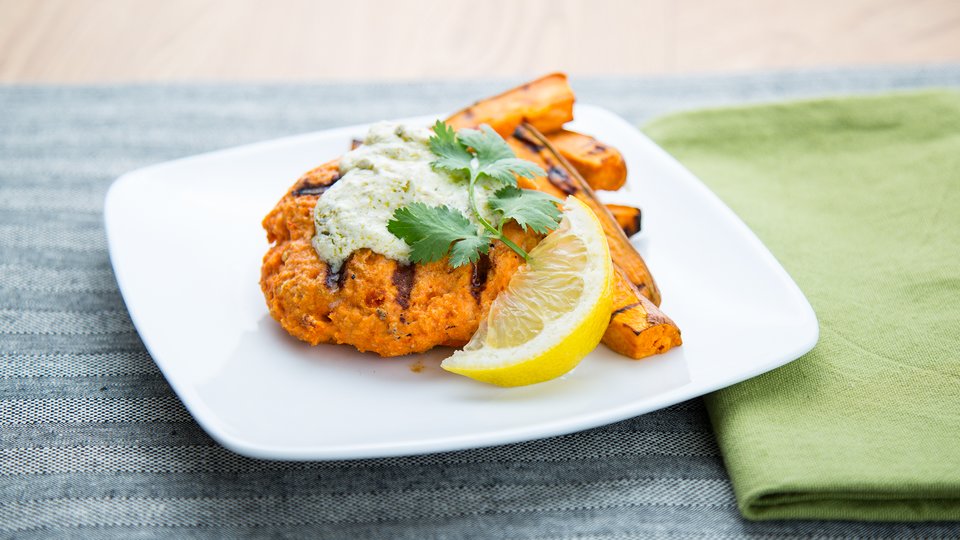 Salmon Burgers with Sweet Potato Wedges