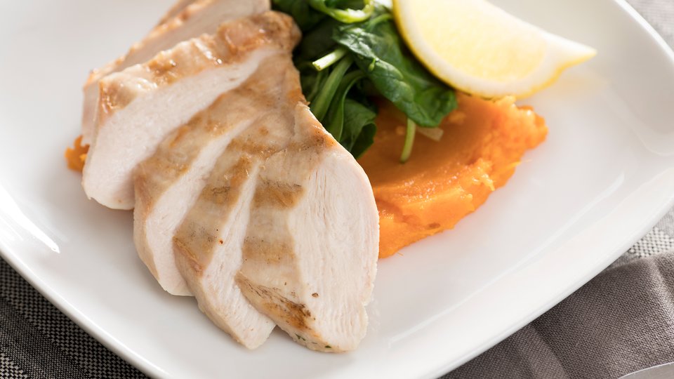 Grilled Chicken Breast, Mashed Sweet Potato, and Spinach