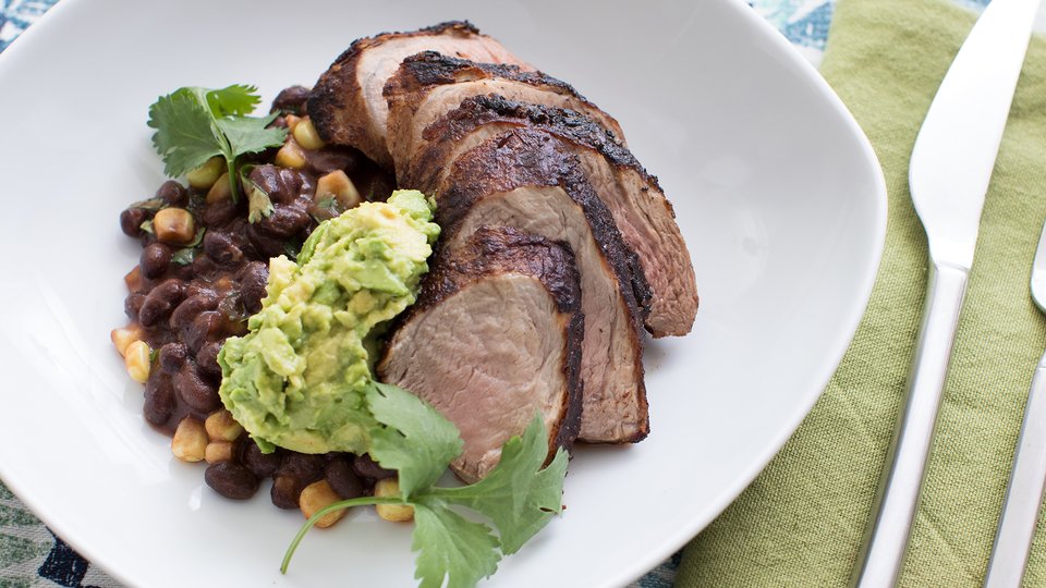 Cacao Pork with Black Beans, Corn, and Avocado