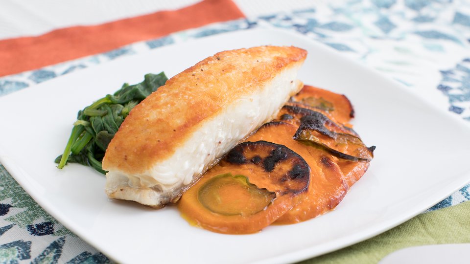 Seared Halibut with Sweet Potato Gratin