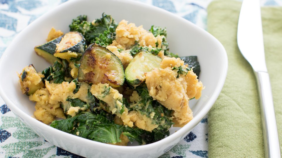 Socca, Kale, and Zucchini Scramble