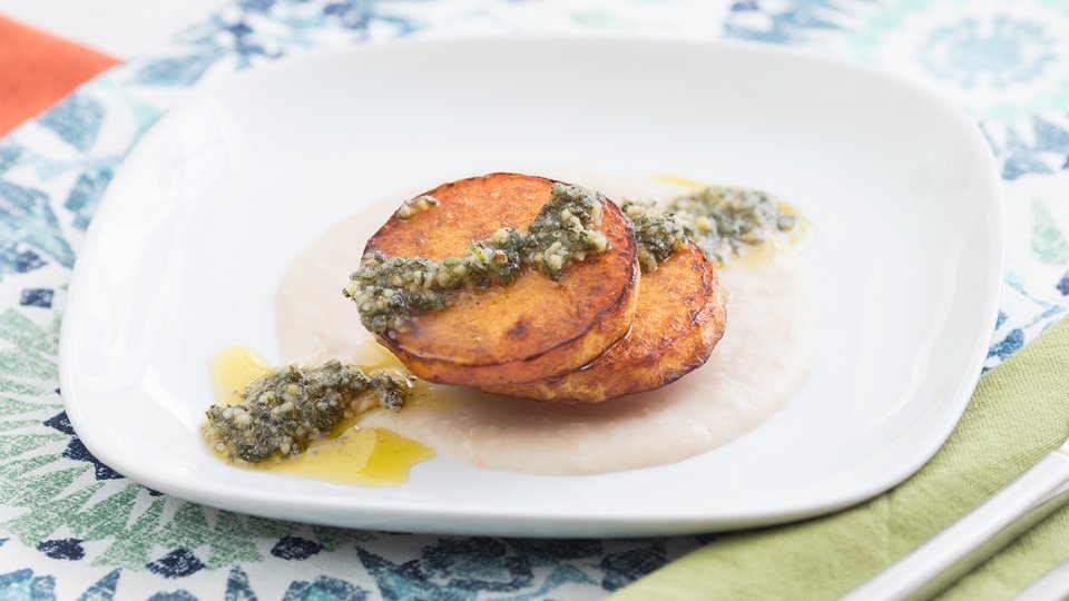 Squash “Steak” with White Bean Puree and Pesto