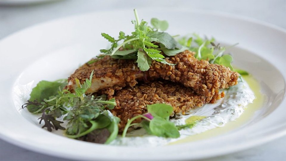 Oat-Crusted Chicken With Lemon Yogurt Sauce!