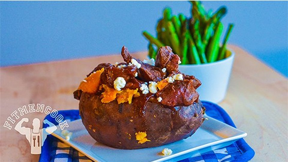 Spicy Barbecue Bison Stuffed Sweet Potato With Grilled Asparagus