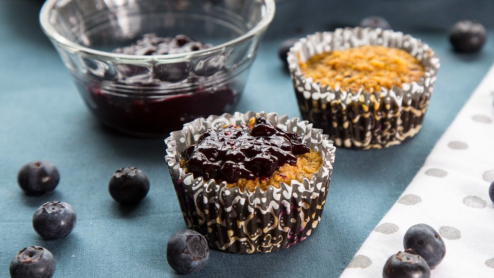 Sweet Potato Oatmeal Muffins with Blueberry Sauce
