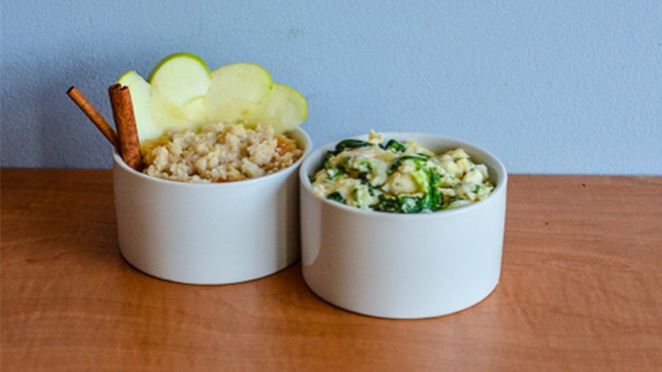 Egg, Spinach And Mozzarella Scramble With Apple Cinnamon Oatmeal