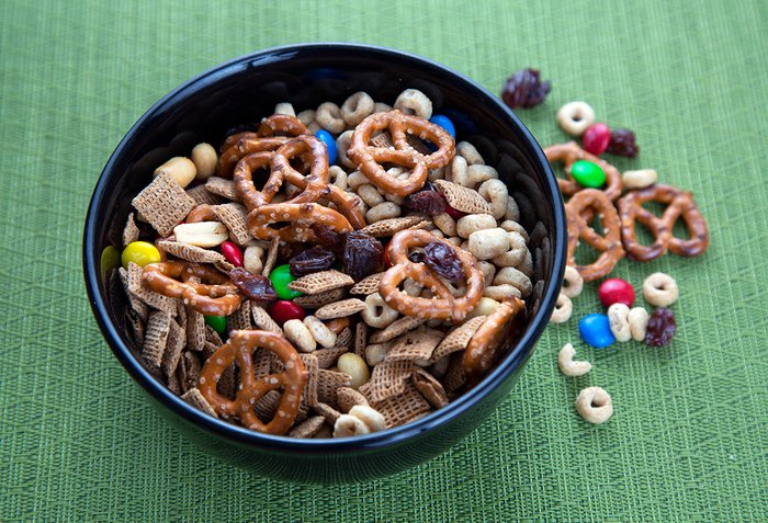 A bowl of trail mix. 