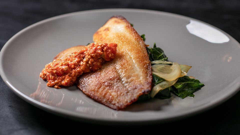 MetaBurn90: Catfish with Peanut Romesco and Collard Greens