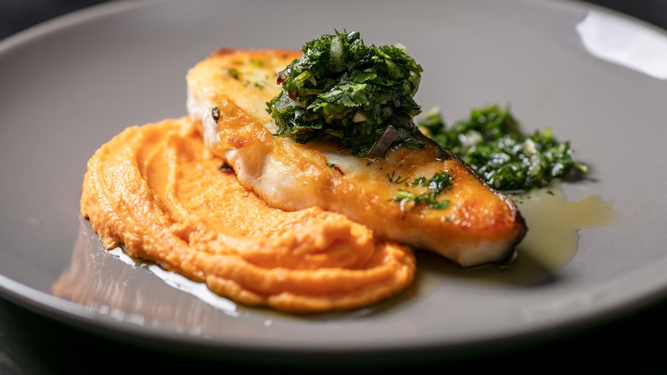 MetaBurn90 Halibut with Sweet Potato Puree and Chimichurri