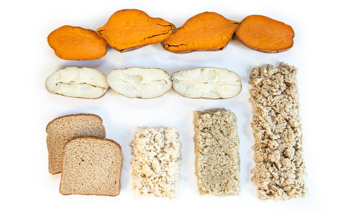 Sweet potatoes, white potatoes, bread, and oats.