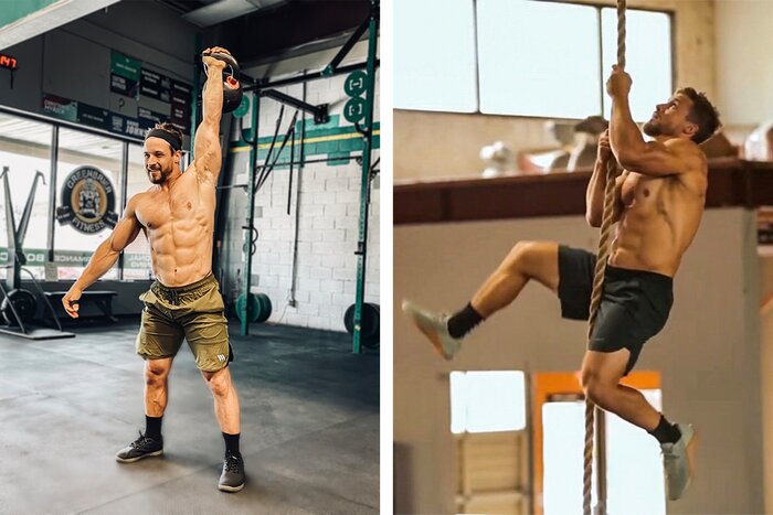 Mitch Wagner training with kettlebells and rope climbing