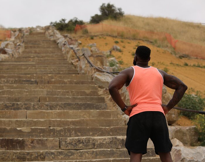 Getting ready to run stairs outdoors