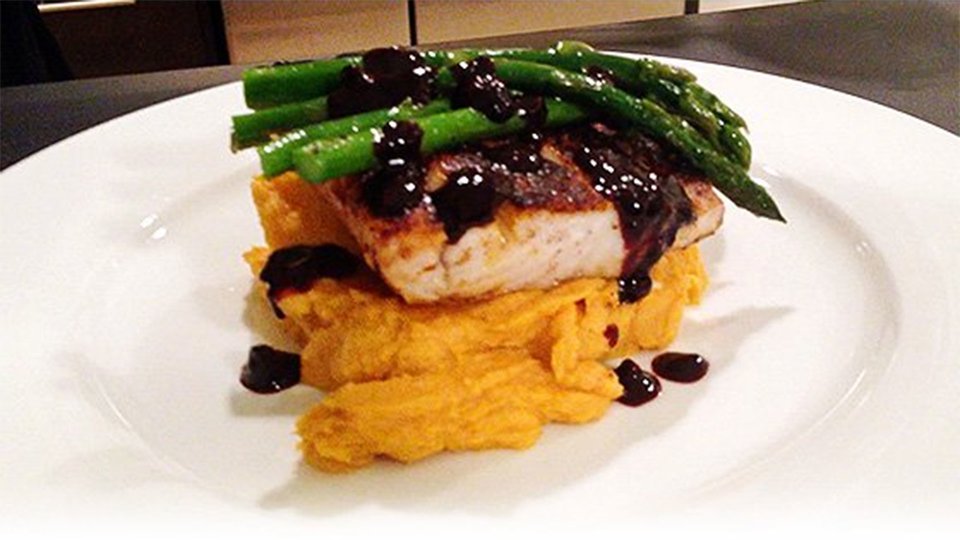 Caribbean Spiced Tilapia With Sweet Potato Puree, Coconut Asparagus And Blackberry Balsamic Glaze