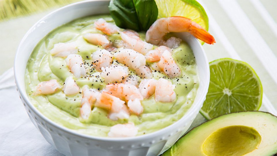 Chilled Avocado Coconut Soup With Shrimp