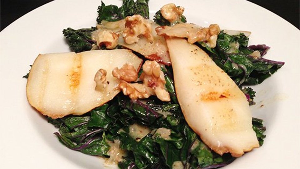Grilled Kale, Pear, And Walnut Salad