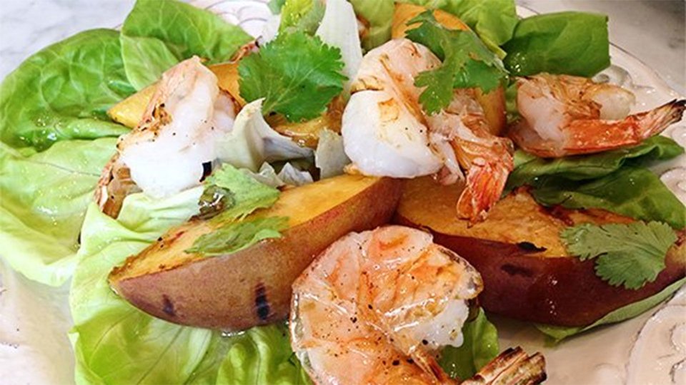 Grilled Prawn And Peach Butter Leaf Salad