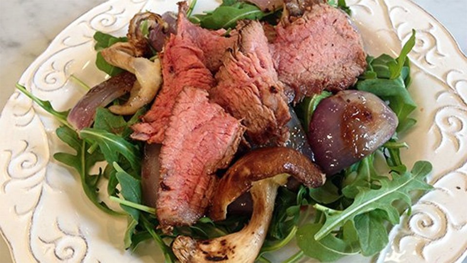 Grilled Steak, Onion, And Mushroom Arugula Salad