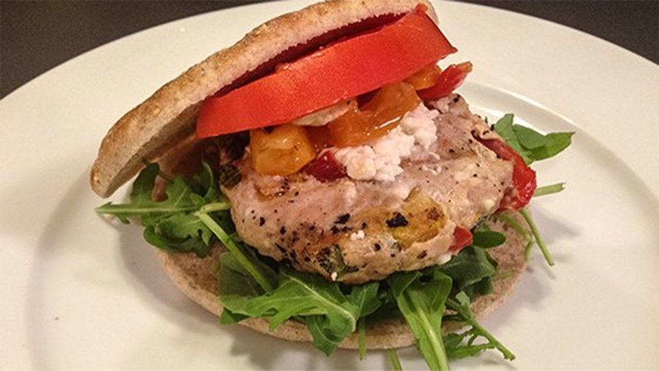 Chicken Burger Topped With Feta, Roasted Red Bell Pepper & Arugula