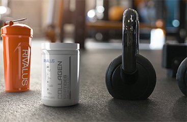 Collagen powder with a shaker and kettlebell